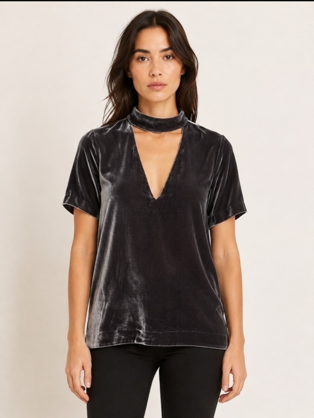 Madewell XS Black Silk Velvet Choker Neck V-Neck Short Sleeve Top